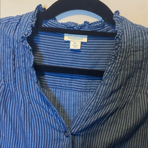 Sundance Button Up Shirt Women XL Blue Striped 100% Cotton Oversized Long Sleeve - Picture 6 of 13